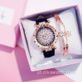 2021 Venda quente feminina relógio presente conjunto 2 unidades / conjunto pulseira de strass relógios de pulso para mulheres vestido charme relógio de pulso de cristal para esposa